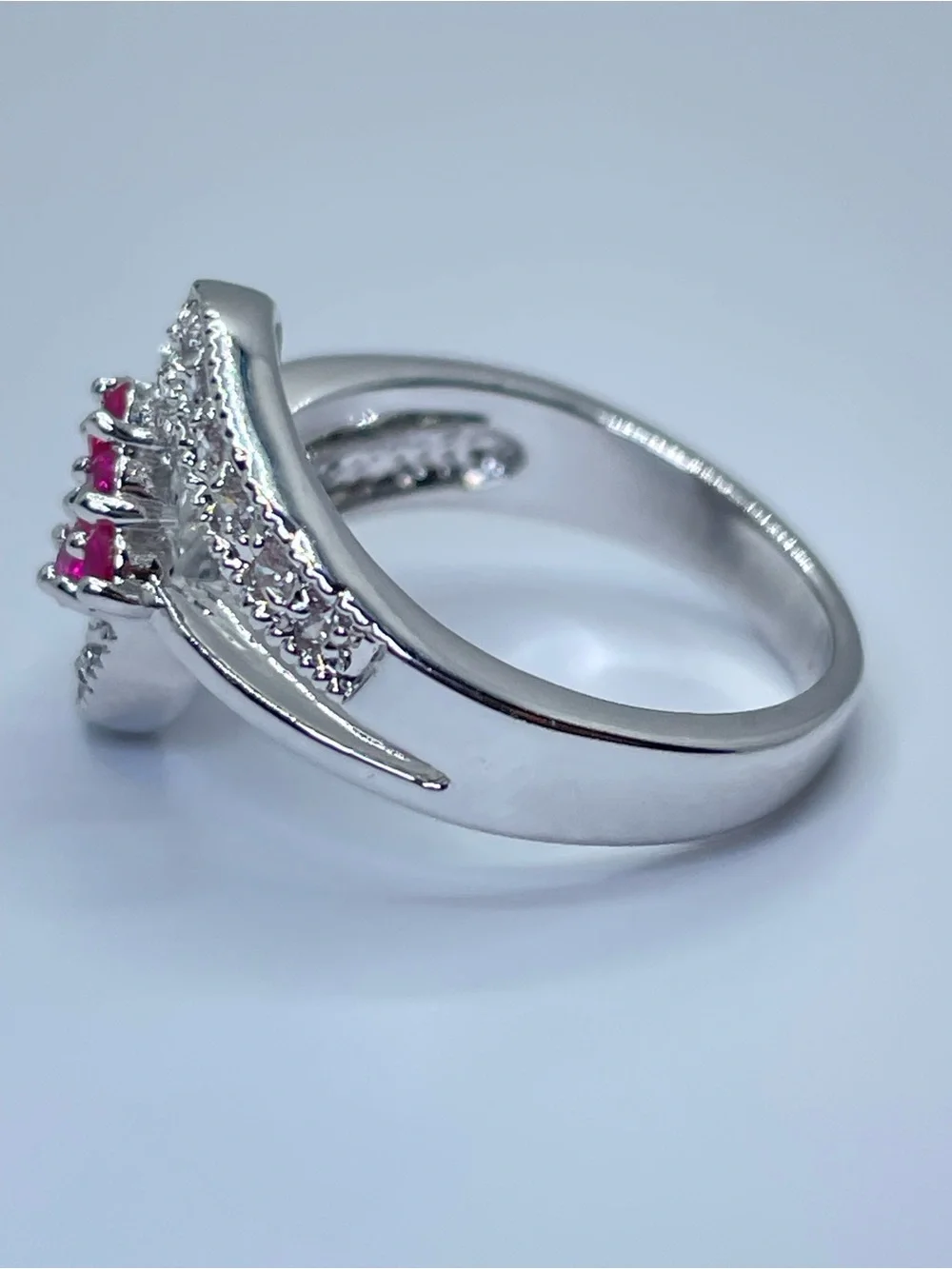Swarovski Ruby Pink Diamond White Crystal Elements Ring CZ Halo Silver Sz 7